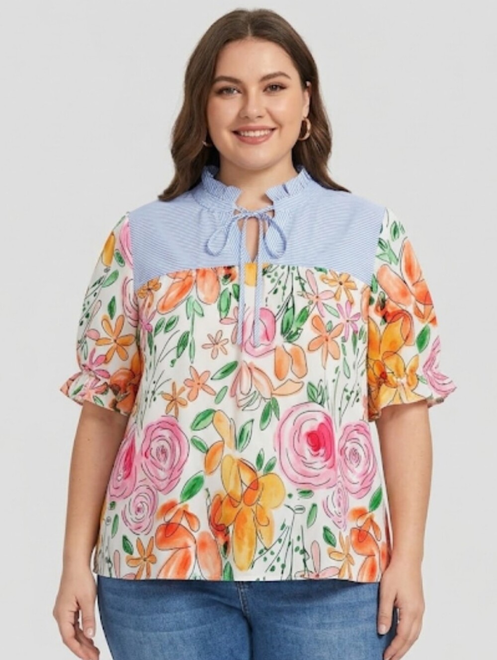 Emery Rose Floral Tie-Front Blouse in Multi-Color Cottagecore Women's Size 1X